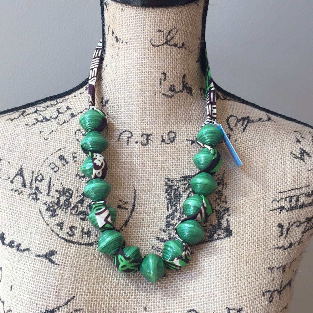 NWT Paper Bead and Fabric Necklace